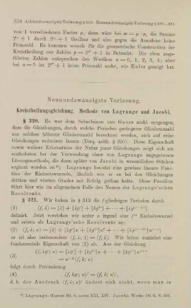 378-385, Neunundzwanzigste Vorlesung. Kreistheilungsgleichung. Methode von Lagrange und Jacobi.