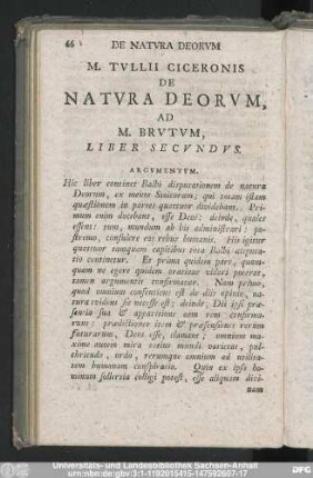 M. Tullii Ciceronis De Natura Deorum, Ad M. Brutum, Liber Secundus.