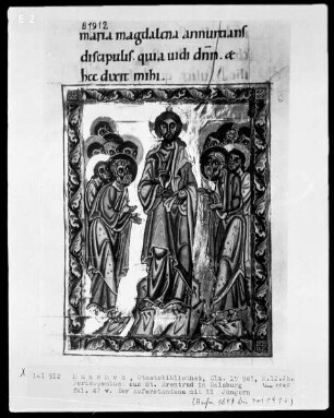 Perikopenbuch aus dem Benediktinerinnenkloster Sankt Erentrud auf dem Nonnberg — Der Auferstandene mit elf Jüngern, Folio 47verso