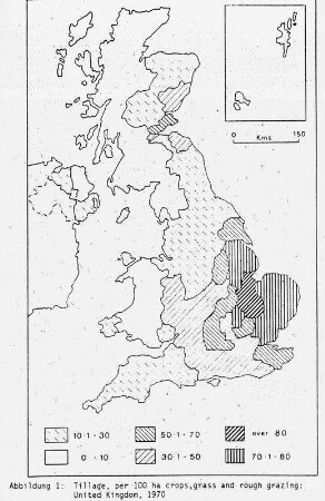 Tillage, per 100 ha crops, grass and rough grazing: United Kingdom 1970