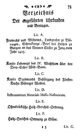 Verzeichnis Der angeführten Uhrkunden und Beylagen.