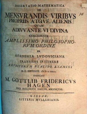 Diss. math. de mensurandis viribus propriis et alienis