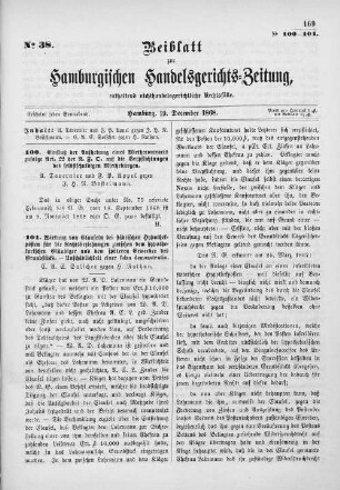 Beiblatt zur hamburgischen Handelsgerichts-Zeitung No. 38. Hamburg, 19. Dezember 1868.