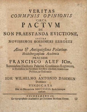 Veritas Commvnis Opinionis Circa Pactvm De Non Praestanda Evictione, Contra Novissimos Boehmeri Errores