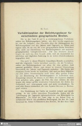 III. Teil - Verhältniszahlen der Belichtungsdauer für verschiedene geographische Breiten