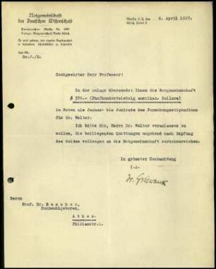Schreiben; NDW an E. Buschor (Geldsendung)