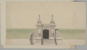 Wesel, Stadttor mit Wachhäusern, Entwurf, Aufriss Feldseite : Wesel, Stadttor mit Wachhäusern, Entwurf, Aufrisse der Feldseite, Jean de Bodt, 1. Hälfte 18. Jh. Feder, Pinsel in Wasserfarbe/Papier. 43,4 x 29,6 cm (Blatt), 25,3 x 46,6 cm (Zeichnung). Bez.: "autre Porte apartenante au meme Projet. D." (Tinte, Blattrückseite).