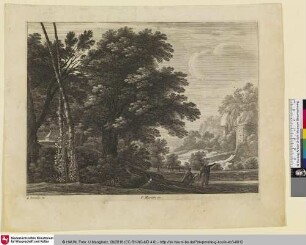 [Landschaft mit rastenden Personen an einem Fluss]