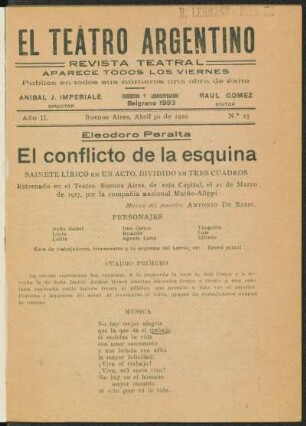 1920002300: El conflicto de la esquina : sainete lírico en un acto, dividido en tres cuadros