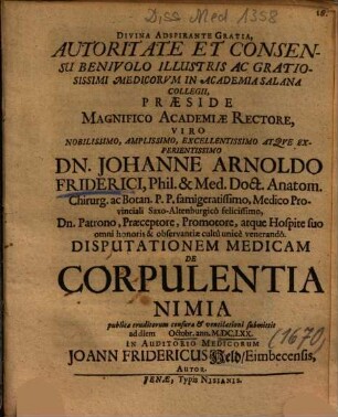 Disputationem Medicam De Corpulentia Nimia
