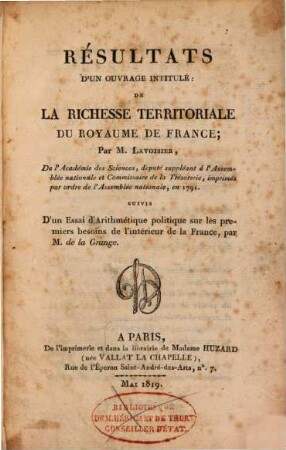 Résultats d'un ouvrage intitulé: De la richesse territoriale du royaume de France