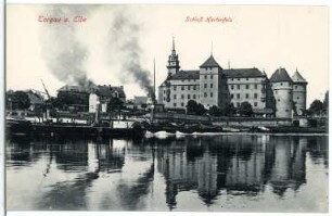 Torgau. Schloss Hartenfels mit Elbe und Schlepper