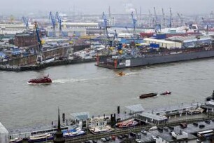 Blick aus dem neu entstandenen ATLANTIC-Haus an der Bernhard-Nocht-Strasse in Hamburg St. Pauli auf Hafen, Elbe, Landungsbruecken und die Werft-Anlagen von Blohm+Voss. 03.2008