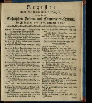 Register ueber die fuernehmsten Sachen, welche in der Casselischen Policey- und Commercien-Zeitung im Jahrgang von 1773 enthalten sind