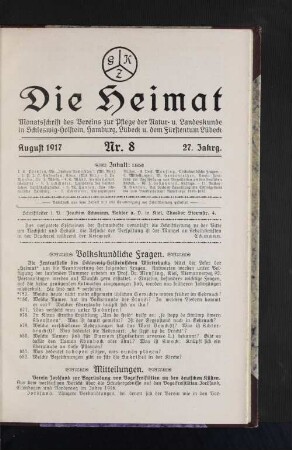 August 1917, 27. Jahrgang, Nr. 8 : Monatsschrift des Vereins zur Pflege der natur- und Landeskunde in Schleswig-Holstein, hamburg, Lübeck und dem Fürstentum Lübeck.