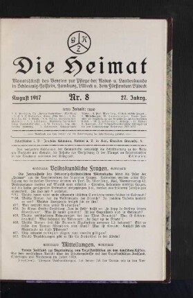 August 1917, 27. Jahrgang, Nr. 8 : Monatsschrift des Vereins zur Pflege der natur- und Landeskunde in Schleswig-Holstein, hamburg, Lübeck und dem Fürstentum Lübeck.