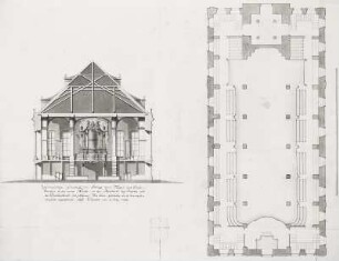 Dresden, Dreikönigskirche. Querschnitt mit Blick zur Orgel und Emporengrundriß, Blatt 16 : Dreikönigskirche, 1732