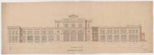 Leipzig, Eilenburger Bahnhof, Entwurf, Aufriss : Leipzig, Eilenburger Bahnhof, Entwurf, Aufriss der Hauptfassade mit Bezeichnungen, Richard Steche, um 1875. Feder, Pinsel in Wasserfarbe/Papier. 34,2 x 100,7 cm. Bez.: "HAUPTANSICHT (abfahrt) EMPFANGSGEBAEUDE LEIPZIG" und unten rechts "Eilenburger Bahnhof" (Bleistift, sekundär). Maßstab mit Maßeinheit "Meter" (100 Meter=79,8 cm).