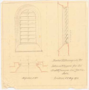 Kirche mit Innenausstattung und Pfarrhaus, Schlesiengrube: Ansicht, Grundriss und Schnitt der Schallöffnungen der Glockenstube 1:20