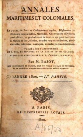 Annales maritimes et coloniales. Partie 1. [5]. 1820