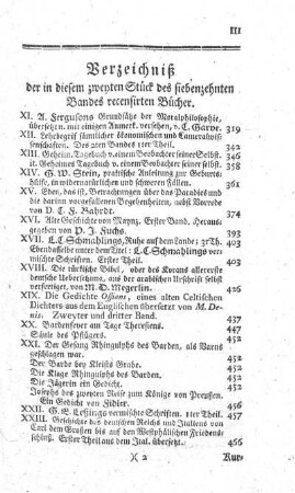 Verzeichniß der in diesem zweyten Stück des siebenzehnten Bandes recensirten Bücher.