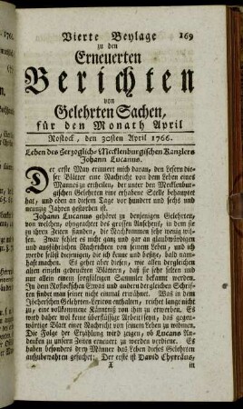 Vierte Beylage. Rostock, den 30sten April 1766