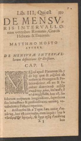 Lib. III, Qui est De Mensuris Intervallorum veteribus Romanis, Graecis Hebraeis & Externis.