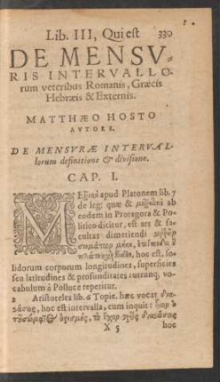 Lib. III, Qui est De Mensuris Intervallorum veteribus Romanis, Graecis Hebraeis & Externis.