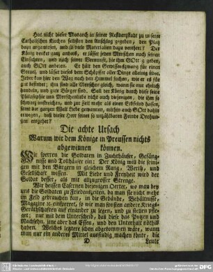 Die achte Ursach, Warum wir dem Könige in Preussen nichts abgewinnen können