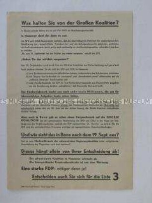 Propagandaflugblatt der FDP zur Bundestagswahl 1965 gegen die Option einer Großen Koalition