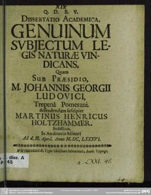 Dissertatio academica Genuinum subjectum legis naturae vidicans