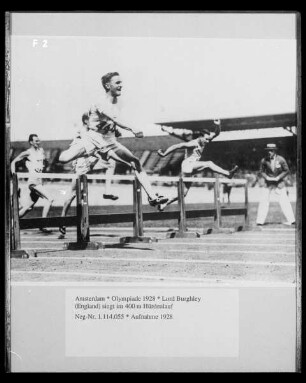 Amsterdam, Olympiade 1928; Lord Burghley (England) siegt im 400-Meter-Hürdenlauf
