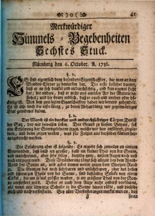 Merkwürdiger Himmels-Begebenheiten Stück .... 1736,6 (Okt.)
