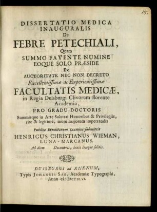 Dissertatio Medica Inauguralis De Febre Petechiali