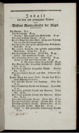 Inhalt des drey und zwanzigsten Bandes von Buffons Naturgeschichte der Vögel.