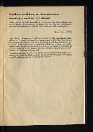 Empfehlung zur Ordnung des Sonderschulwesens