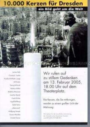 Illustriertes Flugblatt mit einem Aufruf zum Gedenken anlässlich des 60. Jahrestages der Zerstörung Dresdens