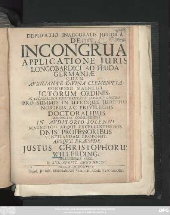 Disputatio Inauguralis Juridica De Incongrua Applicatione Juris Longobardici Ad Feuda Germaniae