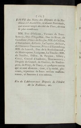 154 Liste des Noms des Députés de la Noblesse à l'Assemblée...