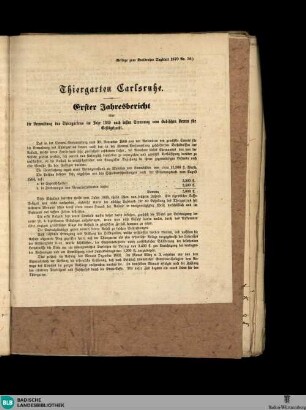Karlsruher Tagblatt, Thiergarten Karlsruhe. Erster Jahresbericht