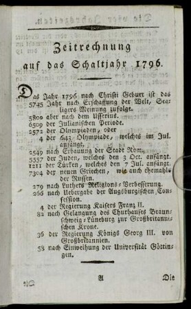 Zeitrechnung auf das Schaltjahr 1796 [-] Quatember