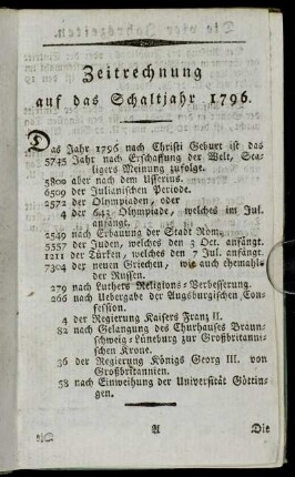 Zeitrechnung auf das Schaltjahr 1796 [-] Quatember