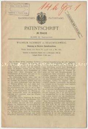 Patentschrift einer Neuerung an Receiver-Dampfmaschinen, Patent-Nr. 39426