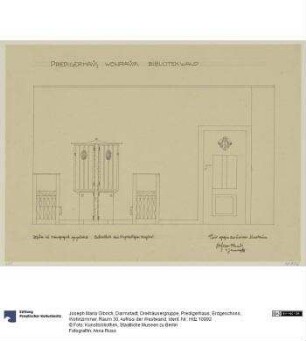 Darmstadt, Dreihäusergruppe, Predigerhaus, Erdgeschoss, Wohnzimmer, Raum 30, Aufriss der Westwand