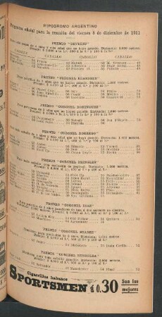Hipódromo Argentino - Programa oficial para la reunión del viernes 8 de diciembre de 1911