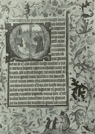 Illumination eines Stundenbuches: Schriftspiegel mit ornamentaler Umrahmung und Initiale mit Erschaffung der Erde