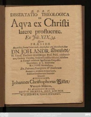Dissertatio Theologica De Aqua ex Christi latere profluente : Ex. Joh. XIX, 34.