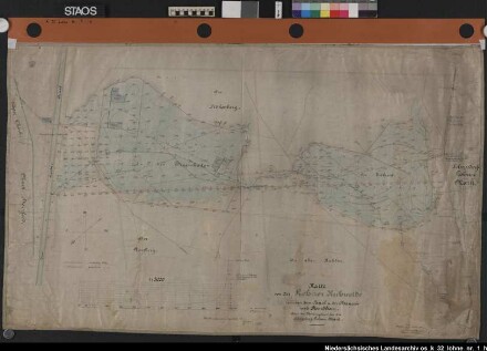 "Karte von der Lohner Kuhweide" zwischen dem Ems-Vechte-Kanal und der Chaussee Lingen - Nordhorn. Mit Höhenschichtlinien. Ausf.-Art: Farbige Zeichnung auf Leinen gezogen Herst.: Promnitz, Günther Format: 69 x 113 cm Maßstab: 1 : 3000
