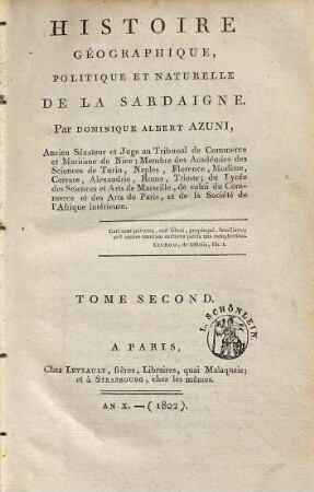 Histoire Géographique, Politique Et Naturelle De La Sardaigne, Tome Second