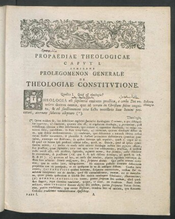 Propaediae Theologicae Caput I. Exhibens Prolegomenon Generale De Theologiae Constitutione